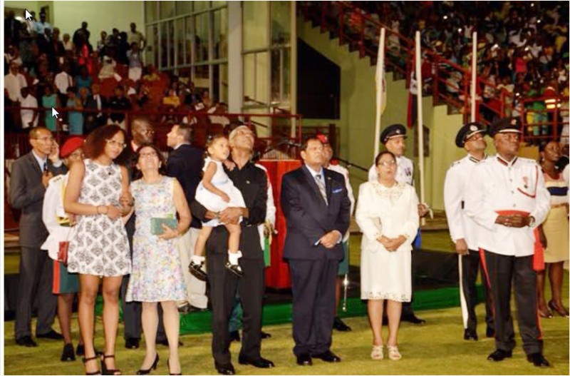 His Excellency David Granger, First Lady Sandra Granger, their daughter and granddaughter along with Prime Minister Moses Nagamootoo and his wife, Mrs. Sita Nagamoottoo enjoying the fireworks display at the Guyana National Stadium.